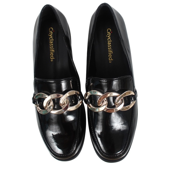 Shoes Black Faux Patent Leather Chain Low Heel Slip On Loafer Poshmark